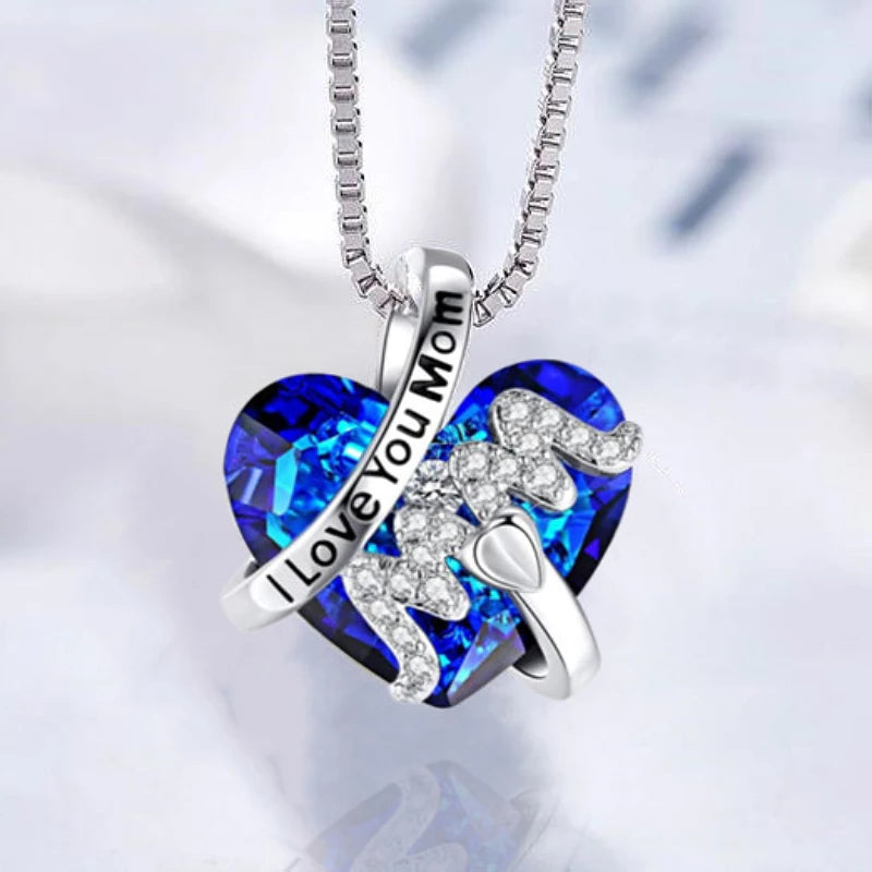 Luxury Fashion "Mom" Pendant Necklace Red Blue Heart Crystal