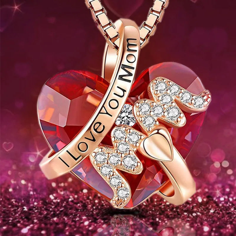 Luxury Fashion "Mom" Pendant Necklace Red Blue Heart Crystal