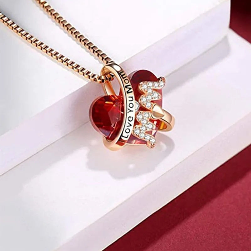 Luxury Fashion "Mom" Pendant Necklace Red Blue Heart Crystal