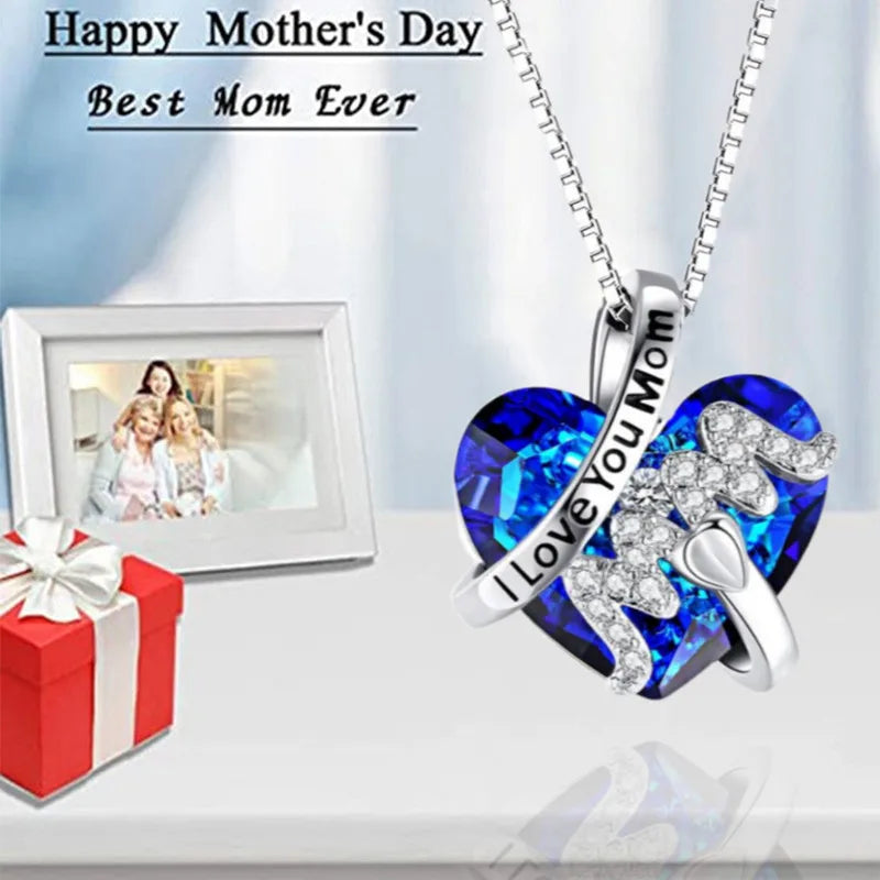 Luxury Fashion "Mom" Pendant Necklace Red Blue Heart Crystal
